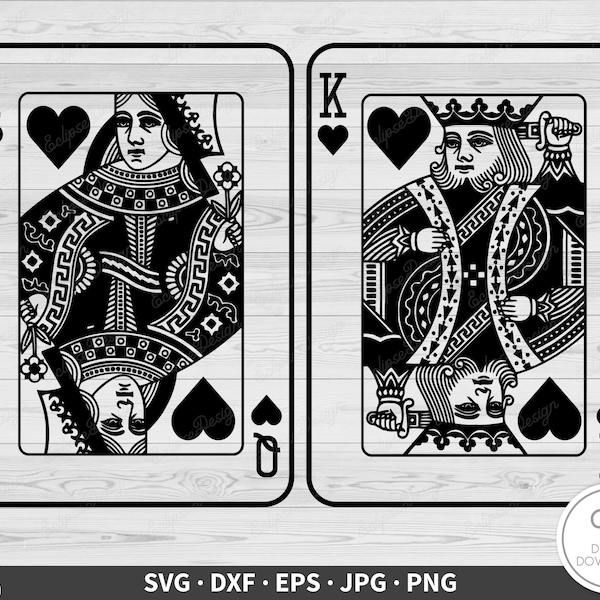 King Queen of Hearts Playing Cards SVG • Clip Art Cut File Silhouette dxf eps png jpg • Instant Digital Download