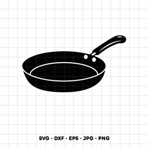 May include: A black silhouette graphic of a frying pan with a long handle and two rivets visible at the base of the handle. The design is presented against a white grid background with the text SVG, DXF, EPS, JPG, PNG at the bottom.