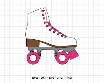 May include: A white roller skate with bright pink laces, pink wheels, and a pink toe stop. The skate features a brown heel and sole, with a grey chassis. Below the skate, the text reads SVG, DXF, EPS, JPG, PNG, indicating available file formats.