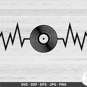 Musique vinyle DJ Heartbeat SVG Clip Art couper fichier Silhouette téléchargement numérique instantané dxf eps png jpg