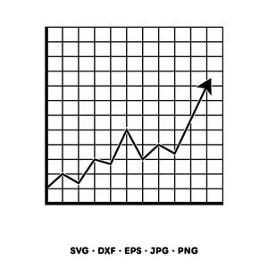 May include: Black and white graph showing an upward trend, with a grid background. The graph line fluctuates before steadily increasing towards the upper right corner. Below the graph are the letters "SVG • DXF • EPS • JPG • PNG".