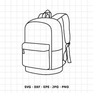 May include: A black and white line art illustration of a backpack featuring a large main compartment, a smaller front pocket, and adjustable shoulder straps. The design is presented on a grid background with the text SVG, DXF, EPS, JPG, PNG.