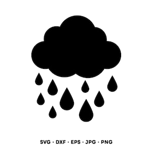 May include: A black graphic icon of a cloud with falling raindrops centered on a white background. Below the cloud and rain, the text SVG, DXF, EPS, JPG, PNG is printed in black, indicating the available file formats for this digital design.