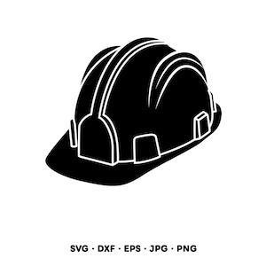 May include: Black and white illustration of a construction hard hat. The hard hat is black with white outlining and details. The image includes the text "SVG • DXF • EPS • JPG • PNG".