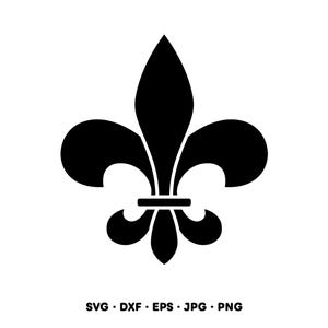 May include: A black fleur-de-lis design on a white background. The stylized emblem features three petals and a base, commonly used in heraldry. The image includes the file type formats: SVG, DXF, EPS, JPG, and PNG.