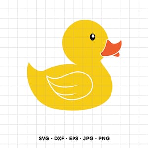 May include: A yellow rubber duck graphic with an orange beak and a black eye, featuring a white outline on the wing. Below the duck, the text reads SVG, DXF, EPS, JPG, PNG. The design is set against a white grid background for digital use.