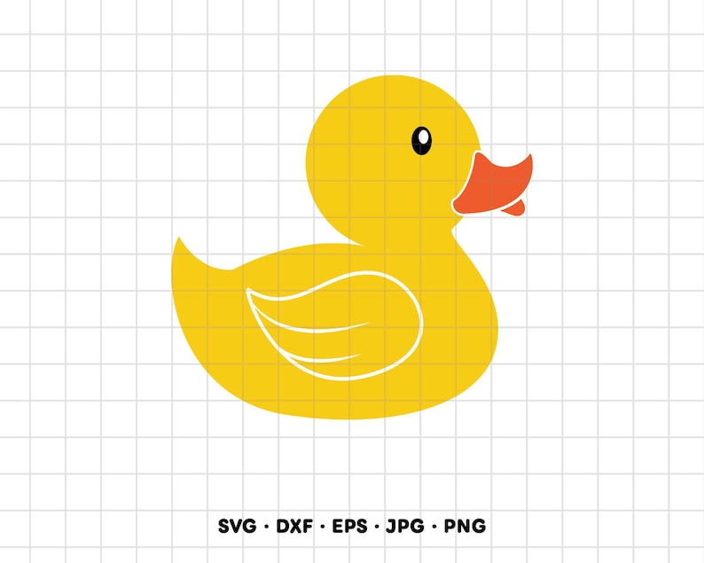 May include: A yellow rubber duck graphic with an orange beak and a black eye, featuring a white outline on the wing. Below the duck, the text reads SVG, DXF, EPS, JPG, PNG. The design is set against a white grid background for digital use.