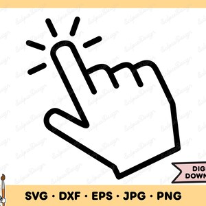 May include: Black and white line art illustration of a hand clicking a mouse. The hand is pointing with the index finger and the other fingers are curled.