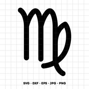 May include: A black Virgo zodiac symbol graphic centered on a white grid background. Below the symbol, the text reads SVG, DXF, EPS, JPG, PNG in black capital letters. The design features clean, bold lines forming the astrological sign.