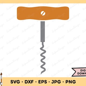 May include: A gray metal corkscrew with a brown wooden handle. The corkscrew has a spiral design and a small knob on the top.