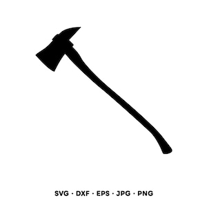 May include: Black silhouette of a firefighter's axe, featuring a sharp blade and a pointed pick on the opposite side. The axe has a long handle. The image includes the file type formats: SVG, DXF, EPS, JPG, and PNG.