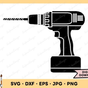 May include: Black silhouette of a cordless drill with a drill bit extending to the left. The drill has a black handle and a black base.