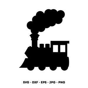 May include: A black silhouette of a steam locomotive train with a large cloud of smoke billowing from the smokestack. The text SVG, DXF, EPS, JPG, PNG is printed in black at the bottom of the image, indicating available digital file formats.
