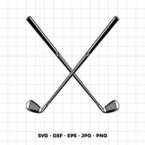 May include: A black and white graphic illustration of two crossed golf clubs. The clubs are positioned in an X shape against a white grid background. Below the clubs, the text reads SVG, DXF, EPS, JPG, PNG in black capital letters.