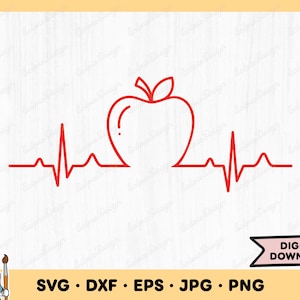 Apple Teacher Heartbeat SVG Teacher SVG Teacher Clip Art Teacher Cut File Silhouette Instant Digital Download
