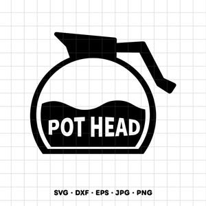May include: A black and white graphic design featuring a stylized coffee pot silhouette with a handle and spout. Inside the pot, a wavy line separates the top from the bottom section, which contains the bold white text POT HEAD.