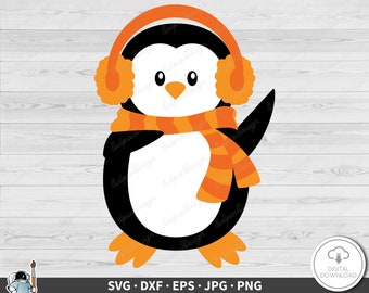 Penguin Scarf and Earmuffs SVG • Clip Art Cut File Silhouette dxf eps png jpg • Instant Digital Download