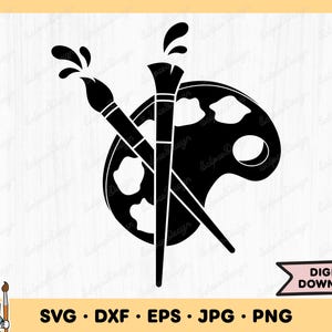 May include: Black and white silhouette of a paint palette and two paintbrushes. The paint palette has a round shape with a thumb hole and a splatter of paint on the top.