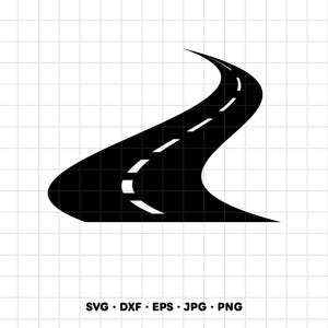 Può includere: Un'illustrazione grafica nera di una strada tortuosa che curva verso destra, caratterizzata da una linea bianca tratteggiata centrale. Il design è presentato su uno sfondo a griglia bianca con il testo SVG, DXF, EPS, JPG, PNG in basso.