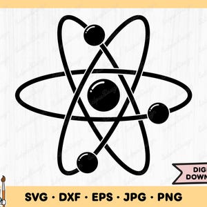 May include: Black and white illustration of an atom with a nucleus and three orbiting electrons.