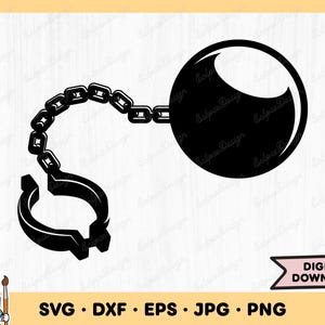 May include: Black and white silhouette of a ball and chain. The ball is attached to a chain with a link that forms a handcuff.