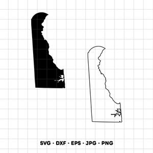 May include: A black silhouette and a black outline of the state of Delaware on a white grid background. The text SVG, DXF, EPS, JPG, PNG is printed in black at the bottom of the image, indicating the available file formats for this digital graphic.