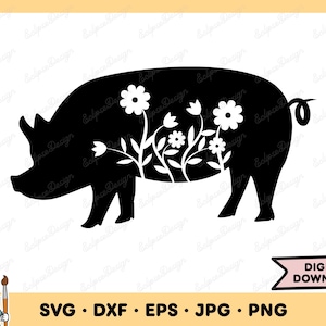 Floral Pig SVG Pig Clip Art Pig Cut File Silhouette Instant Digital Download