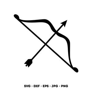 May include: A black bow and arrow illustration on a white background. The bow is curved, and the arrow is positioned to be shot. The image includes the text "SVG • DXF • EPS • JPG • PNG" at the bottom.