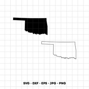 May include: A digital graphic featuring two representations of the state of Oklahoma: one solid black silhouette and one black outline. The text SVG, DXF, EPS, JPG, PNG is displayed at the bottom. The design is set against a white grid background.