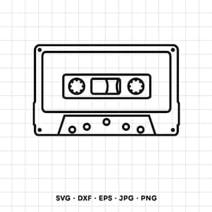 Puede incluir: Una ilustración de arte lineal en blanco y negro de un casete de audio rectangular con dos carretes circulares y una ventana central. Debajo del casete, el texto dice SVG, DXF, EPS, JPG, PNG en una fuente sans-serif limpia.