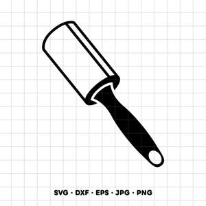 Könnte beinhalten: Eine schwarz-weiße grafische Illustration einer Fusselrolle mit einem zylindrischen Klebekopf und einem Griff mit einem kreisförmigen Loch am Ende. Das Design ist als klare, kontrastreiche Vektorgrafik auf einem hellen Rasterhintergrund dargestellt.