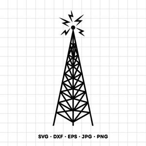 May include: A black graphic illustration of a tall, triangular lattice radio transmission tower. The structure features a cross-braced metal framework with a circular top point emitting four jagged lightning bolt symbols. Text at the bottom reads SVG, DXF, EPS, JPG, PNG.