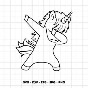 May include: A black and white line art illustration of a unicorn performing a dabbing pose. The unicorn features a spiraled horn, a flowing mane, and a bushy tail. Below the graphic, the text reads SVG, DXF, EPS, JPG, PNG.