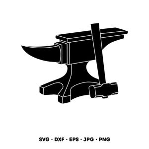 May include: A black and white illustration of a blacksmith's anvil and hammer. The anvil has a horn and a flat top, with the hammer resting on top. The image also includes the text "SVG • DXF • EPS • JPG • PNG".