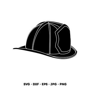 May include: A black and white illustration of a firefighter's helmet. The helmet has a curved top with a brim and a shield on the side. The image includes the text "SVG • DXF • EPS • JPG • PNG".
