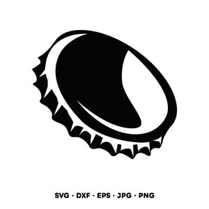 Op de afbeelding: Een zwart-wit illustratie van een flesdop. De dop is cirkelvormig met een gekartelde rand en een gebogen bovenkant. De afbeelding bevat de tekst "SVG • DXF • EPS • JPG • PNG".