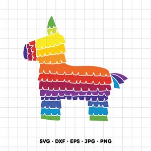 Puede incluir: Un gráfico de piñata de burro multicolor con capas horizontales de flecos en tonos verde, amarillo, naranja, rojo, magenta, morado y azul. El texto SVG, DXF, EPS, JPG, PNG se muestra en la parte inferior de la imagen.