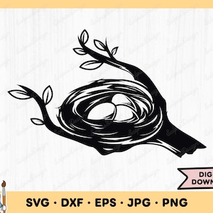 Puede incluir: Silueta en blanco y negro de un nido de pájaro con dos huevos en su interior. El nido está unido a una rama con hojas.