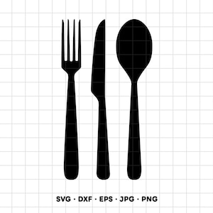 May include: A black silhouette graphic of a fork, a knife, and a spoon arranged side by side. Below the cutlery, the text reads SVG, DXF, EPS, JPG, PNG. The design is set against a white background with a faint gray grid pattern overlay.