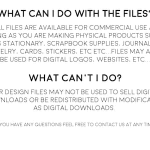 Puede incluir: Fondo blanco con texto negro que detalla el uso comercial de los archivos de dise&ntilde;o. El texto explica para qu&eacute; se pueden utilizar los archivos, como productos f&iacute;sicos y logotipos digitales, y qu&eacute; est&aacute; prohibido, como la venta de descargas digitales.