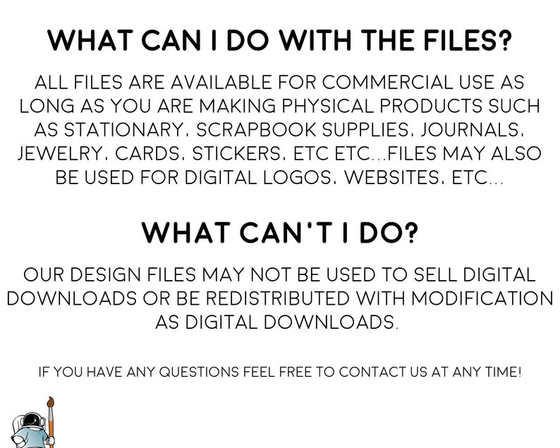 Puede incluir: Fondo blanco con texto negro que detalla el uso comercial de los archivos de dise&ntilde;o. El texto explica para qu&eacute; se pueden utilizar los archivos, como productos f&iacute;sicos y logotipos digitales, y qu&eacute; est&aacute; prohibido, como la venta de descargas digitales.
