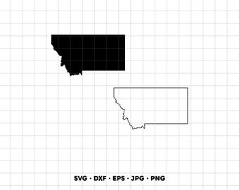 May include: A digital graphic featuring two representations of the state of Montana: one solid black silhouette and one black outline. Below the shapes, the text reads SVG, DXF, EPS, JPG, PNG, all set against a light gray grid background.