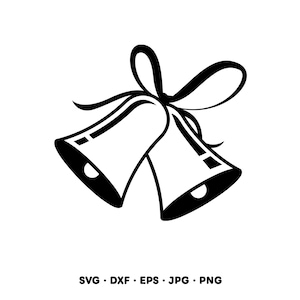 May include: Black and white illustration of two bells with a ribbon bow at the top. The bells have a rounded bottom and a small circle inside. The image includes the text "SVG • DXF • EPS • JPG • PNG".