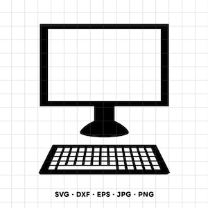 May include: A black silhouette icon of a computer monitor and a keyboard centered on a white grid background. Below the keyboard, the text reads SVG, DXF, EPS, JPG, PNG. The monitor features a rectangular screen frame and a central pedestal base.