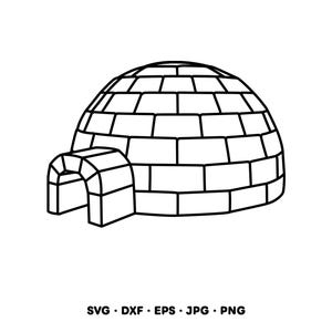 May include: Black and white line art illustration of an igloo. The igloo is dome-shaped with a rectangular entrance. The image includes the text "SVG • DXF • EPS • JPG • PNG" at the bottom.
