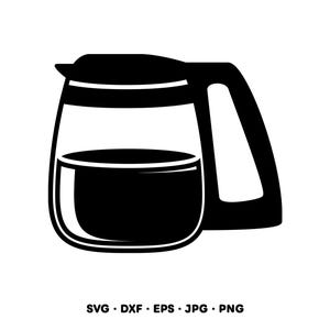 May include: A black and white illustration of a coffee carafe. The carafe is filled with a dark liquid, likely coffee, and has a handle on the side. The image also includes the file type formats: SVG, DXF, EPS, JPG, and PNG.