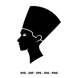 May include: A black and white silhouette of a person in profile, wearing a tall, straight-sided headdress. The image is a vector graphic, with the file formats SVG, DXF, EPS, JPG, and PNG listed below the image.