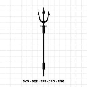 May include: A black silhouette of a trident featuring a three-pronged head with a central spear point and two curved side prongs, attached to a long, straight handle with two distinct cylindrical grip sections. The text SVG DXF EPS JPG PNG appears.