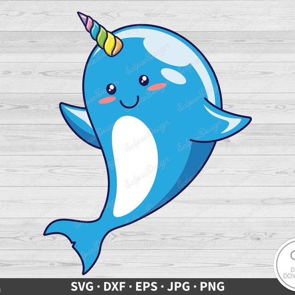 Cute Narwhal SVG • Clip Art Cut File Silhouette dxf eps png jpg • Instant Digital Download