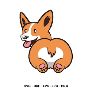 May include: A cartoon illustration of a corgi dog from the rear, with its tail and hindquarters facing the viewer. The dog is orange and white, with a pink tongue sticking out. The image includes the text "SVG • DXF • EPS • JPG • PNG".